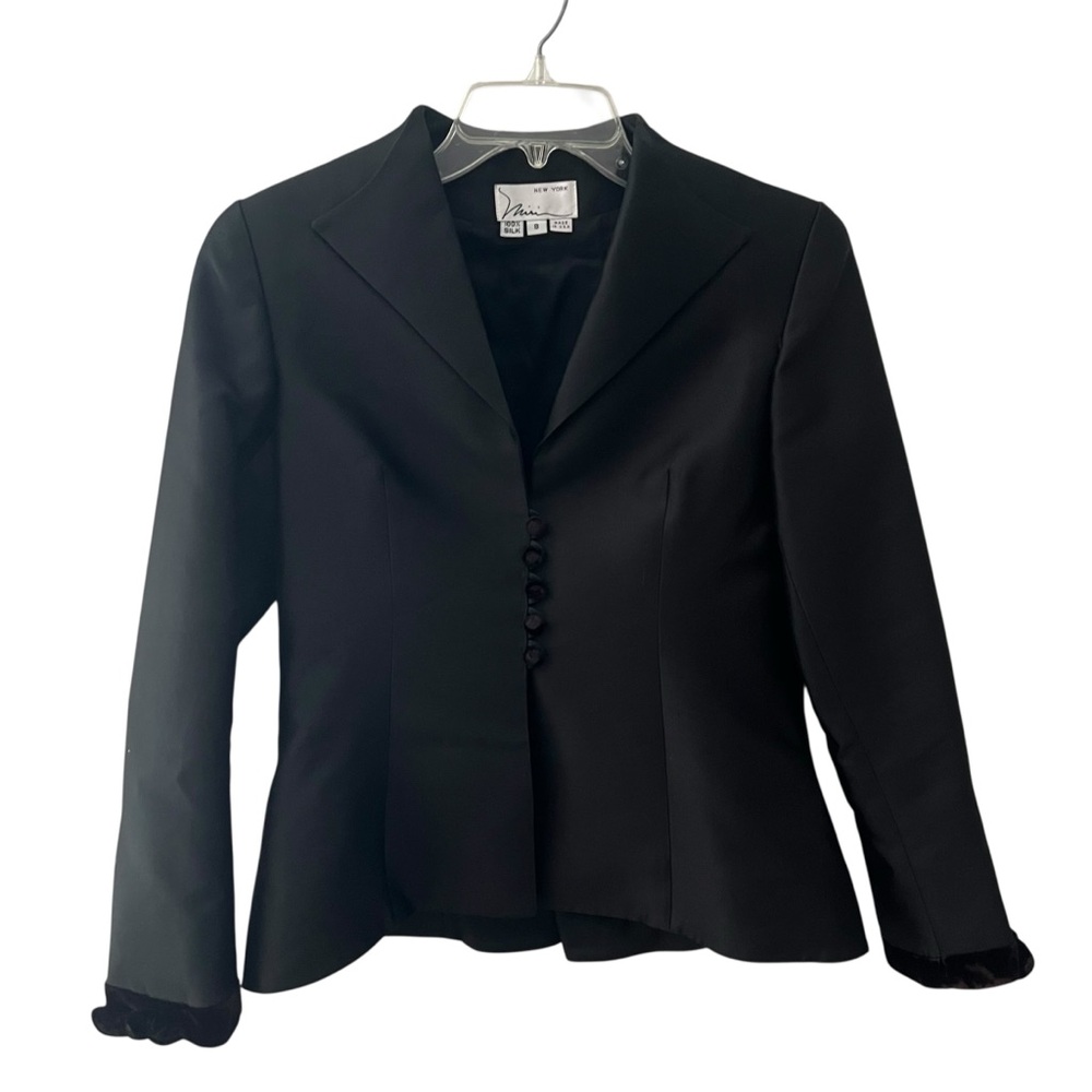 Vintage Black Silk Fitted Women’s Blazer Velvet Detail Bow Back US 8 Medium